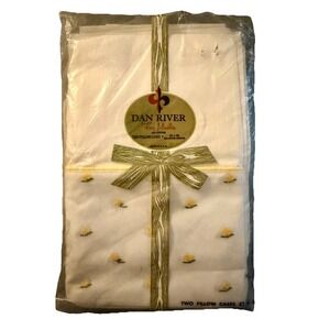 Vintage Dan River Fine Muslin All Cotton 2 Pillowcases 42x36" Yellow Floral NOS